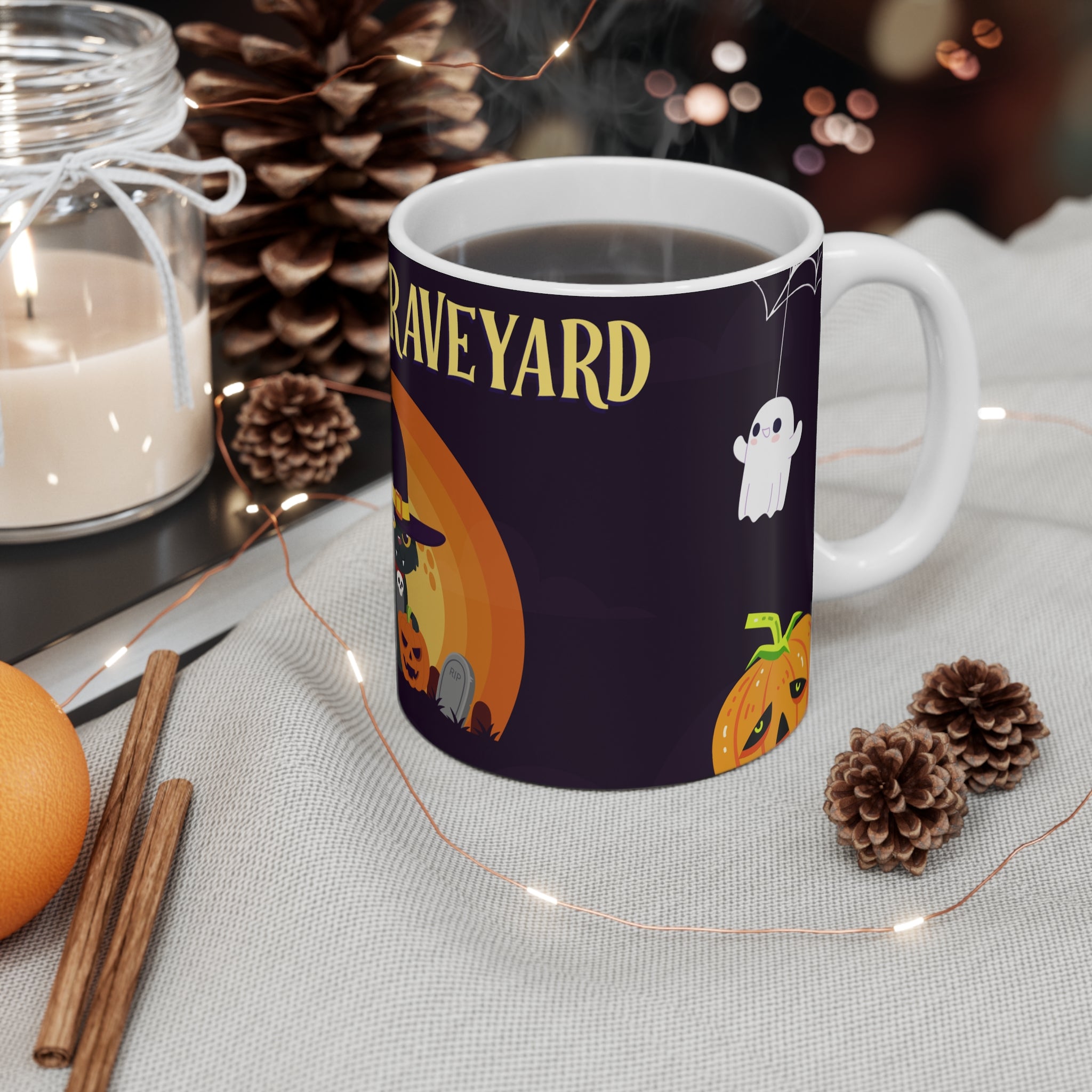 Creepy Graveyard Halloween with Witch Cat  | Mug